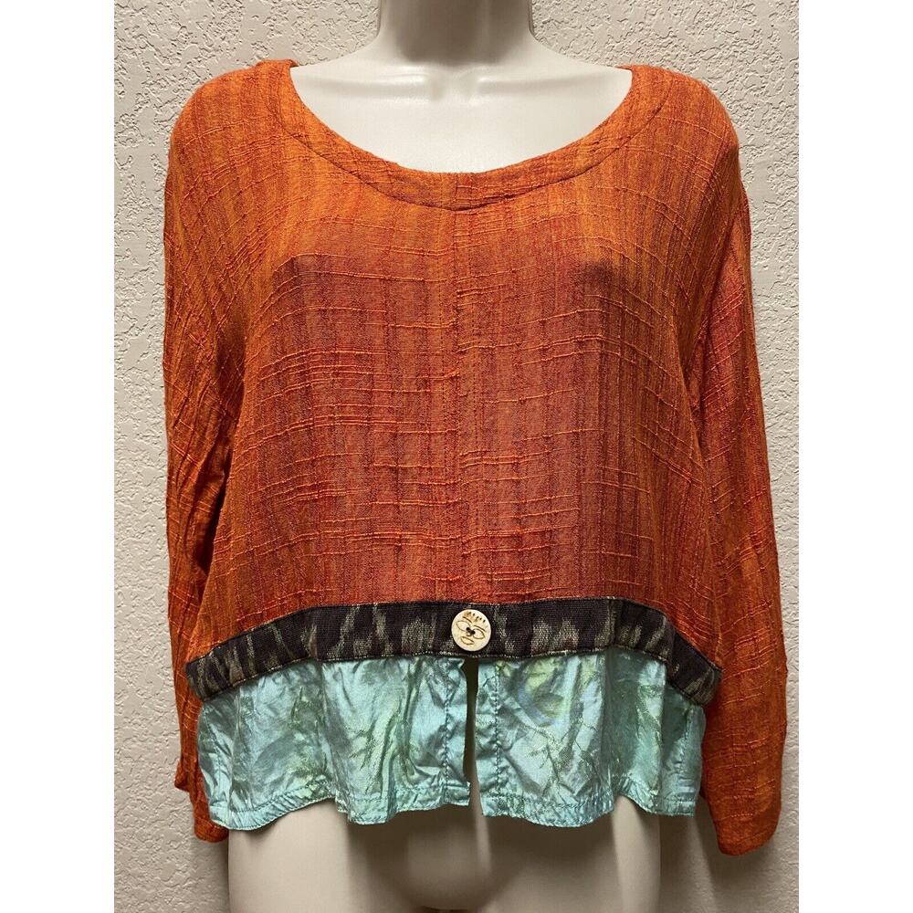 Kusnadi New York Women's Orange Blouse 3/4 Sleeve Split Sleeve Top
